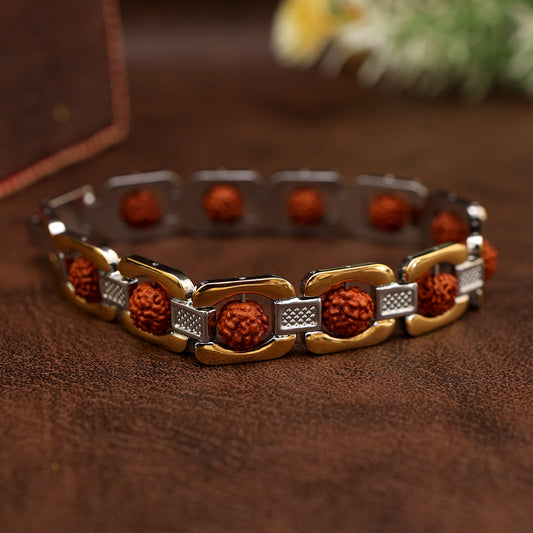 5 Mukhi Rudraksha Gold Plated Bracelet (Free: 5 Mukhi Rudraksha Mala with Gold-Plated Trishul Pendant)