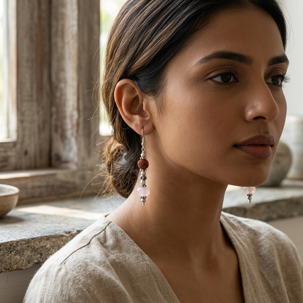 Hridayum Rose Quartz Rudraksha Earrings_RQE03