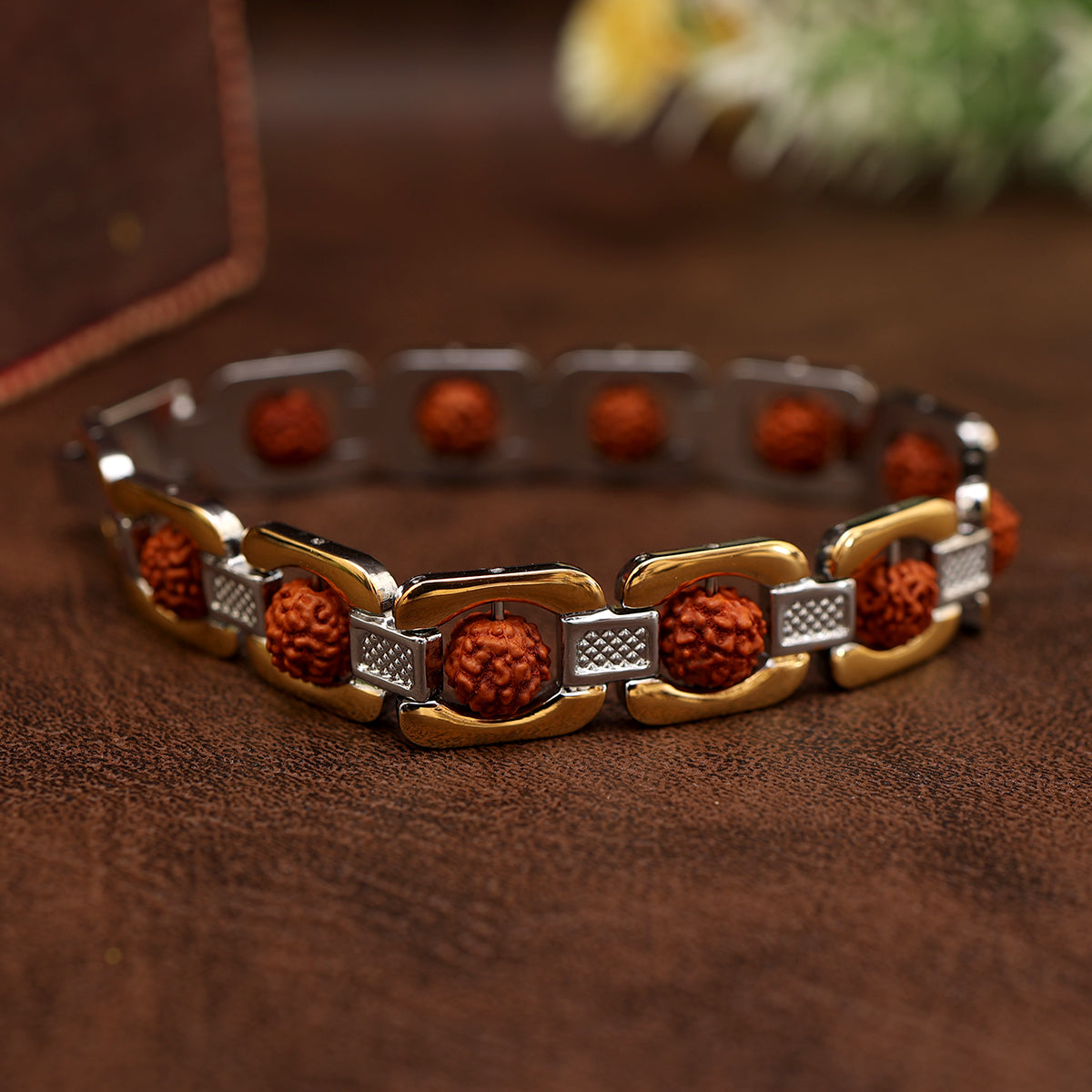 5 Mukhi Rudraksha Gold Plated Bracelet (Free: 5 Mukhi Rudraksha Mala with Gold-Plated Trishul Pendant)