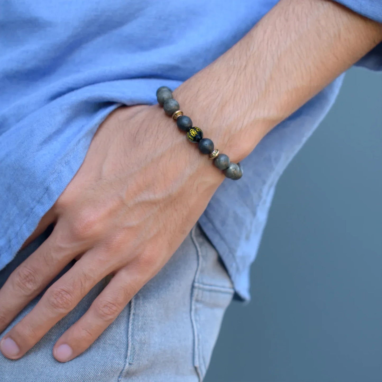 Raw Pyrite Bracelet with Buddha Mantra